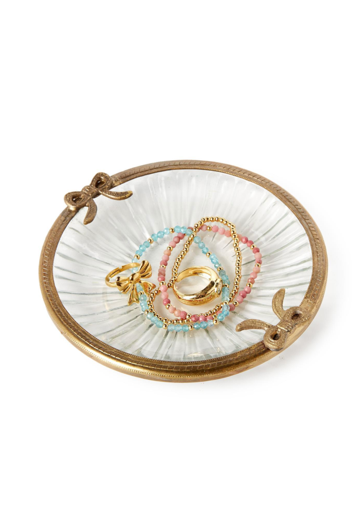 ANTIQUE ROUND GLASS TRINKET TRAY W/BOW ACCENTS