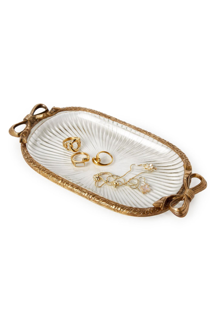 ANTIQUE GOLD GLASS VANITY TRAY W/BOW ACCENT