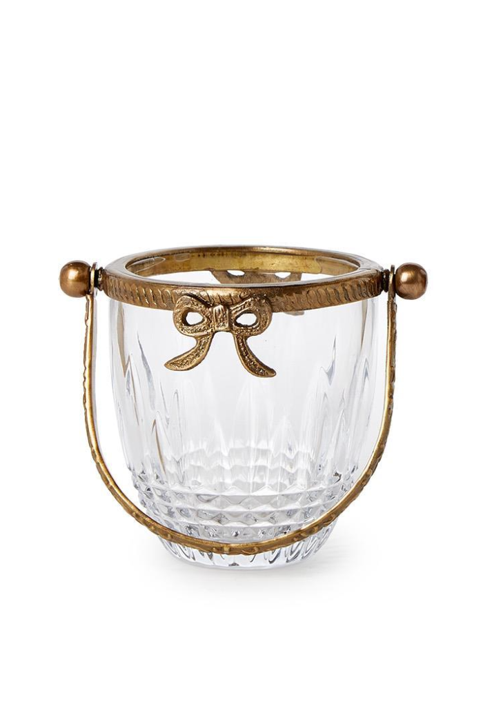 ANTIQUE GOLD GLASS BASKET W/BOW ACCENT